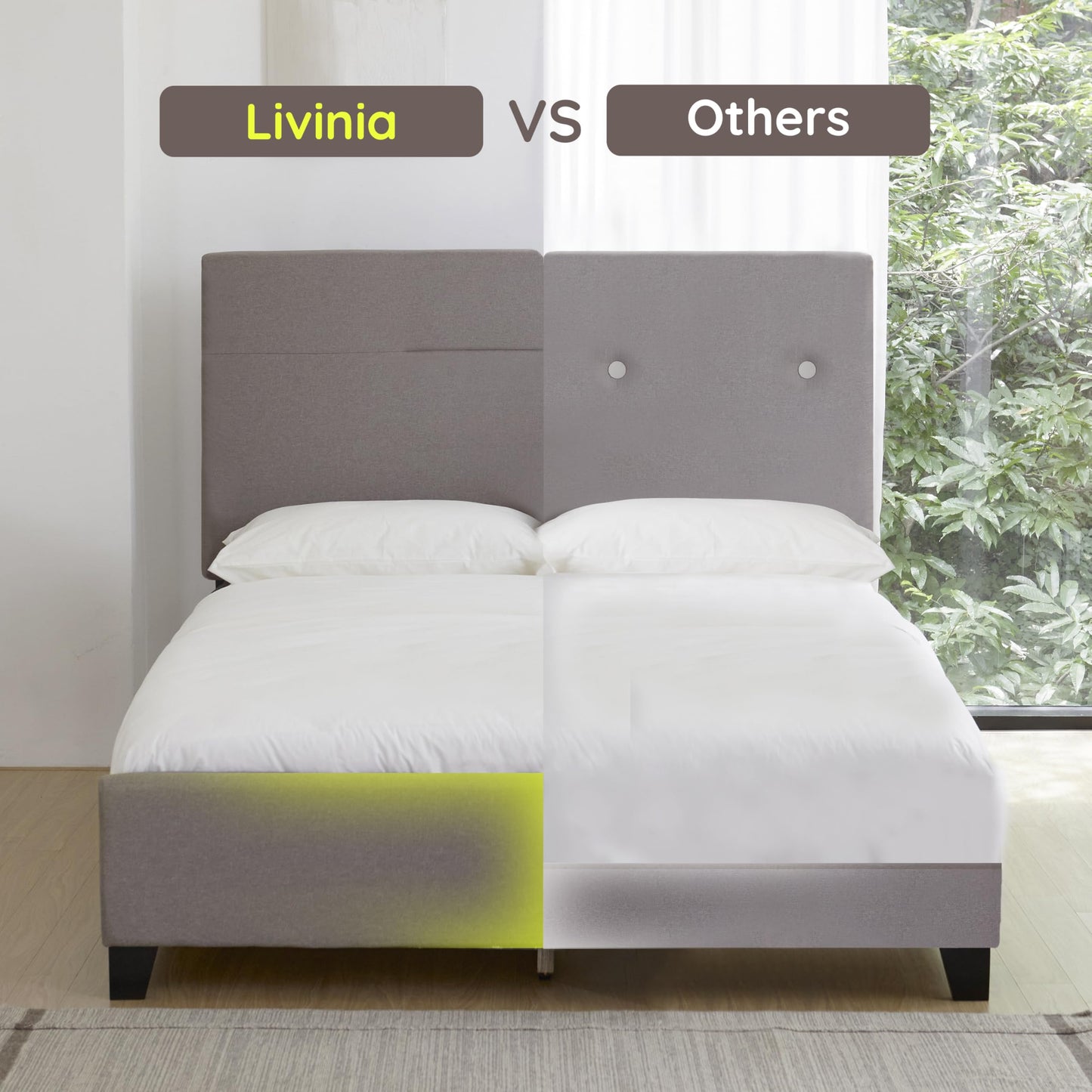 Livinia Amelia Twin Size Platform Bed, Fabric Upholstered Twin Bed Frame with Height Adjustable Headboard Footboard, Strong Wood Slats, No Box Spring Needed, Brown