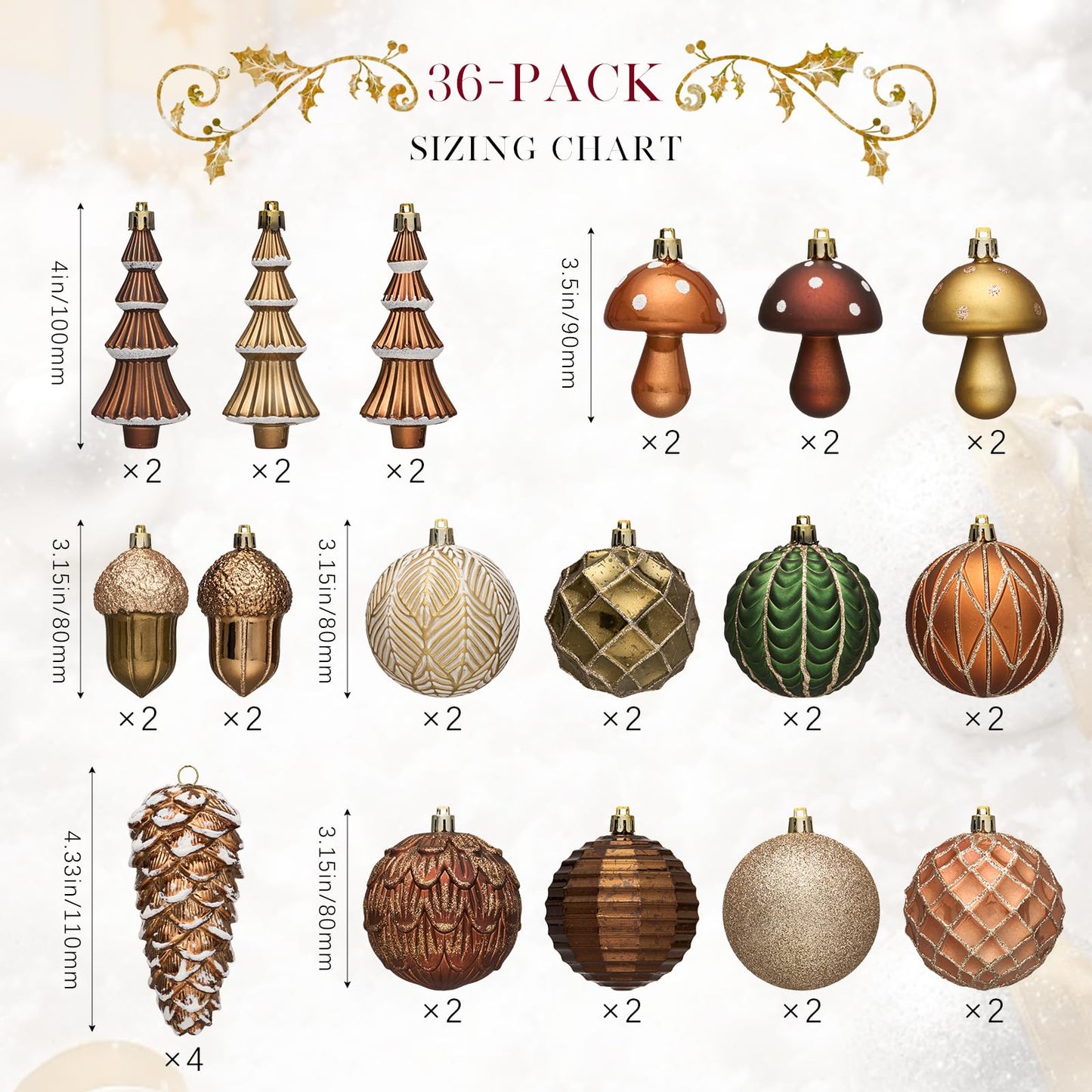 JORNOY Christmas Ornaments for Tree, Shatterproof Plastic Hanging Bulbs Set Decorations for Xmas Holiday Party with Lanyard, 36 Pack, Earth Tone