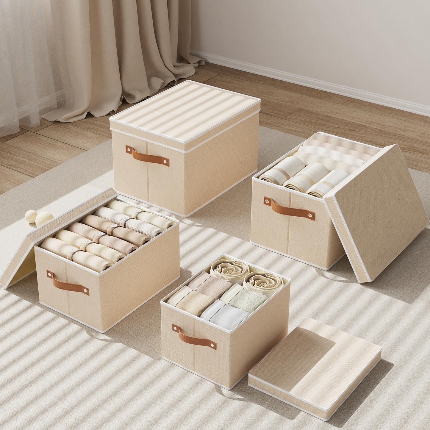 YheenLf Foldable Storage Bin, 10.2×7.8×6.7 Inch Storage Box with Lid, Closet Organizer for Organizing with Handles, Beige, 1-Pack