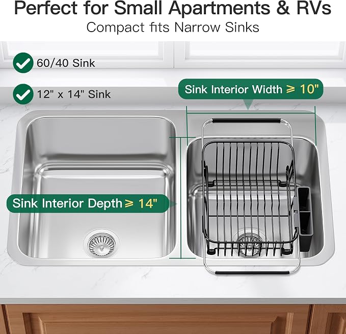 Apartment RV Small Dish Drainer Drying Rack Over The Sink In Stainless Steel for Narrow Kitchen, Counter Space Saving Compact Expandable Metal Plate Dryer Strainer, Black Adjustable Wire Drain Holder
