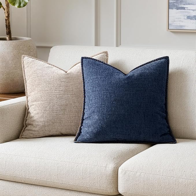 MIULEE Pack of 2 Couch Throw Pillow Covers 20x20 Inch Navy Farmhouse Decorative Pillow Covers with Stitched Edge Soft Chenille Solid Dyed Pillow Covers for Sofa Bed Living Room