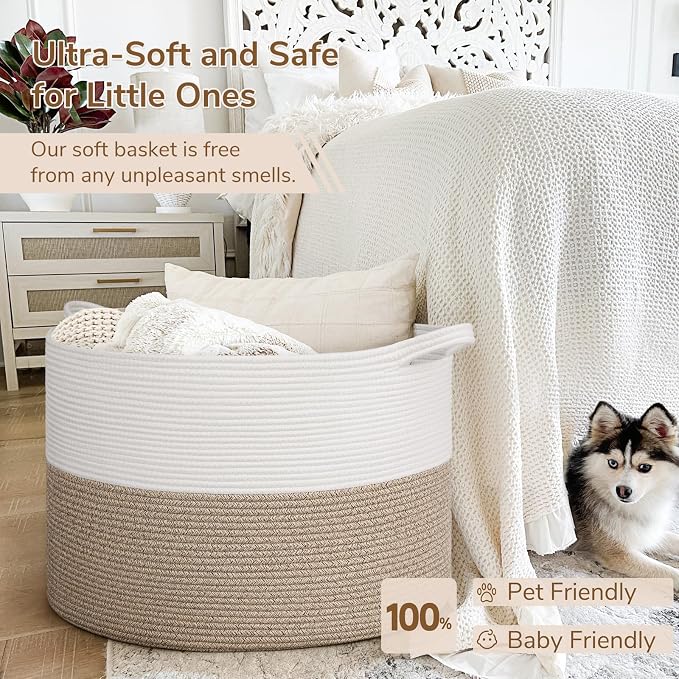 INDRESSME 115L Extra Large Blanket Basket, Soft Cotton Rope Storage Baskets for Organizing Living Room Décor Toy Storage for Kids,Decorative Woven Basket for Laundry & Towels, Light Brown