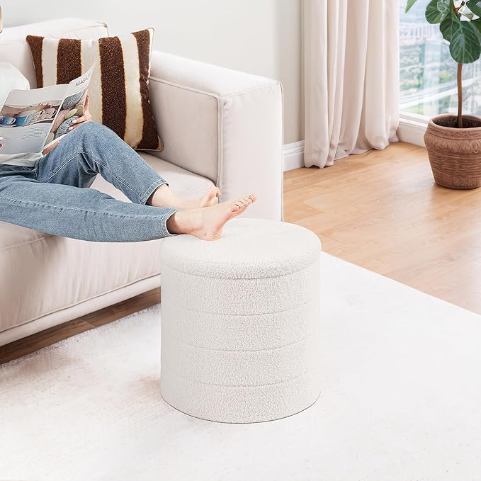 PINPLUS Round Storage Ottoman Foot Rest Stool with Tray Velvet Sherpa Folding Storage Ottoman,Boucle Foot Rest for Living Room, Bedroom, Dorm,White Color