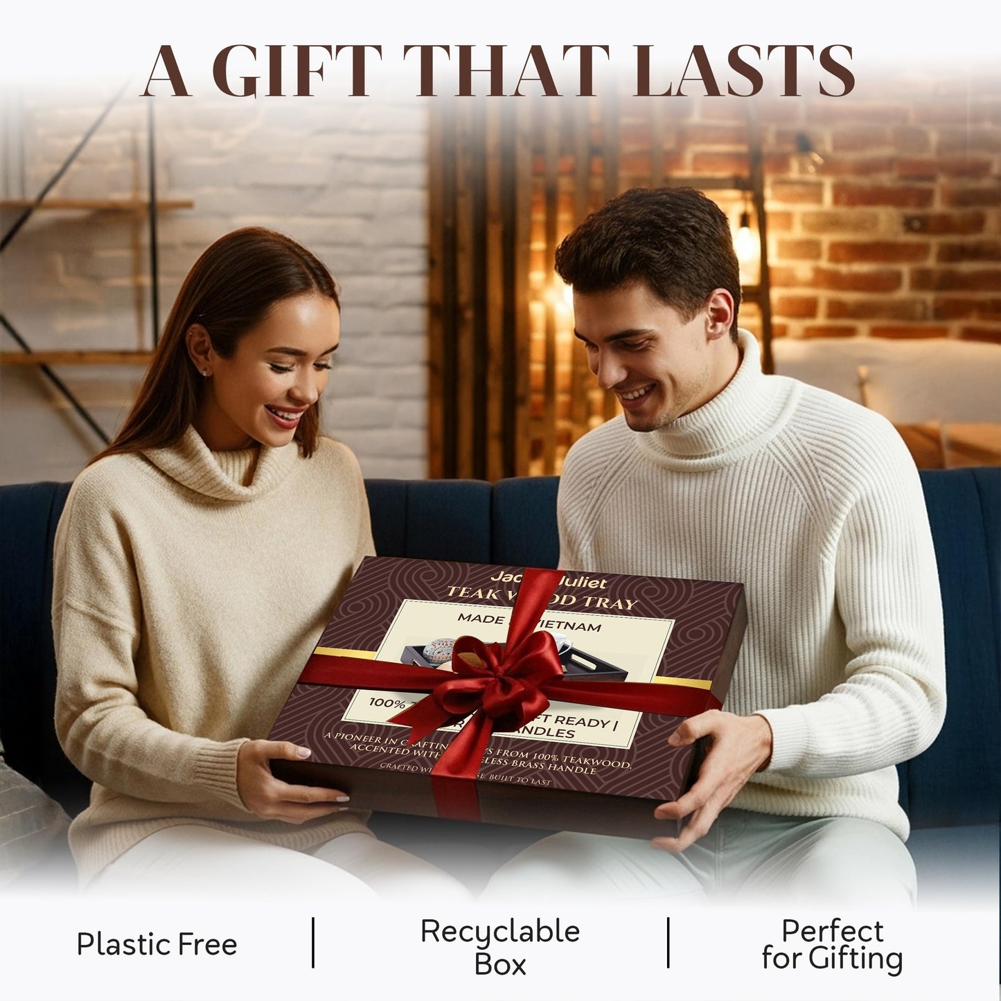 Jack & Juliet Teak Wood Ottoman Tray – Large Wooden Multifunctional Tray with Real Brass Handles - Non Slip Base in Food-Safe Finish - Gift-Ready Packaging for Coffee Table and Home Decor (Walnut)