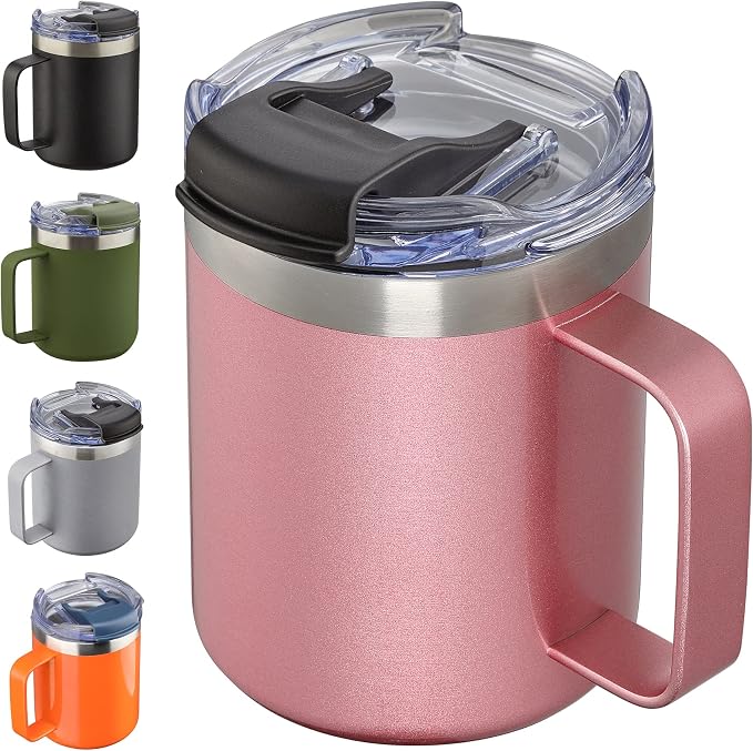 12oz Insulated Coffee Mug Cup with Handle, Stainless Steel Travel Coffee Mug with Flip Lid, Double Wall Vacuum Coffee Tumbler, Rose Gold