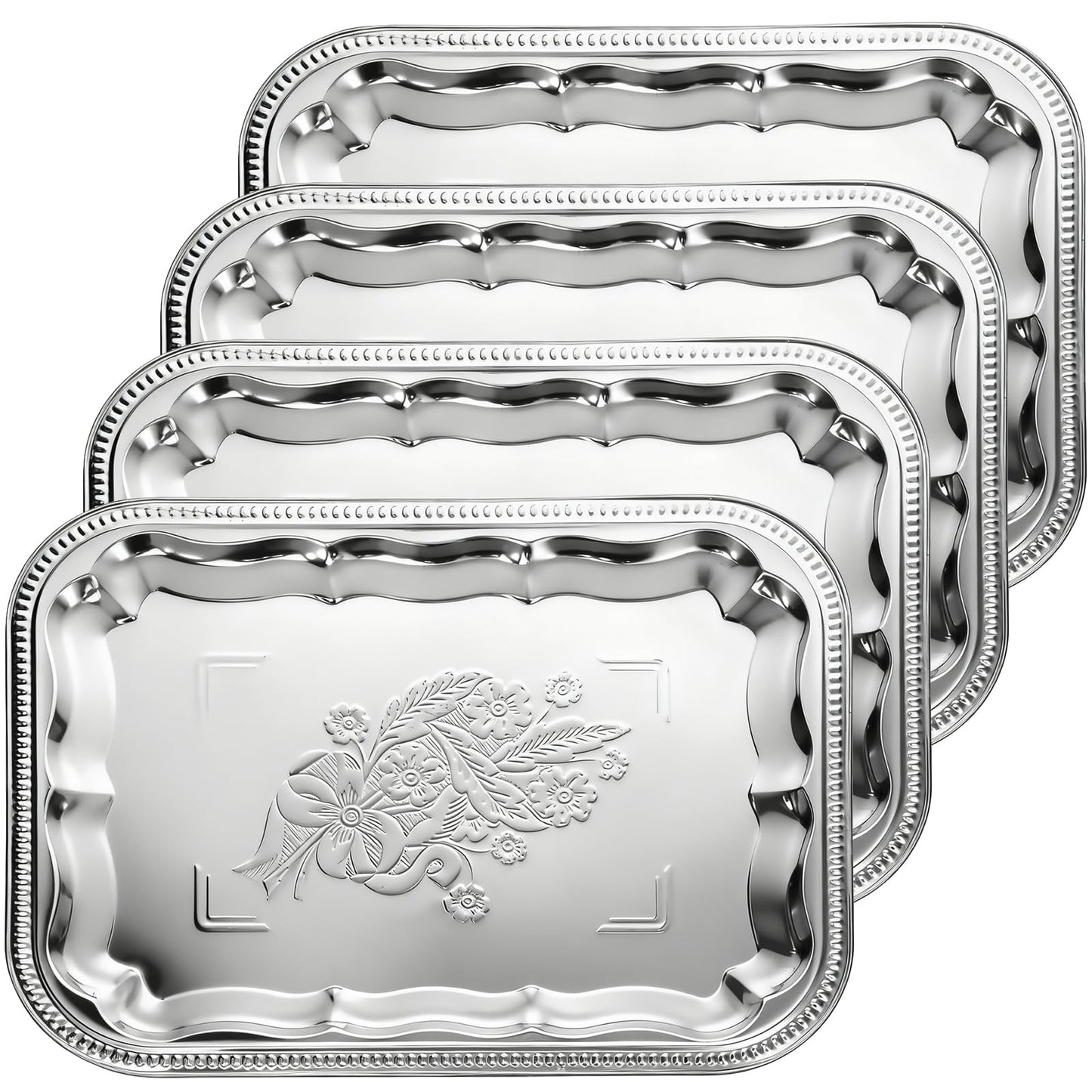 4 Pcs Large Silver Serving Trays, 15.7" x 11.8" Stainless Steel Rectangle Serving Tray, Decorative Silver Plates, Floral Engraved Tray, Metal Sizzler Plates for Coffee Table, Bar, Party, Club, Home