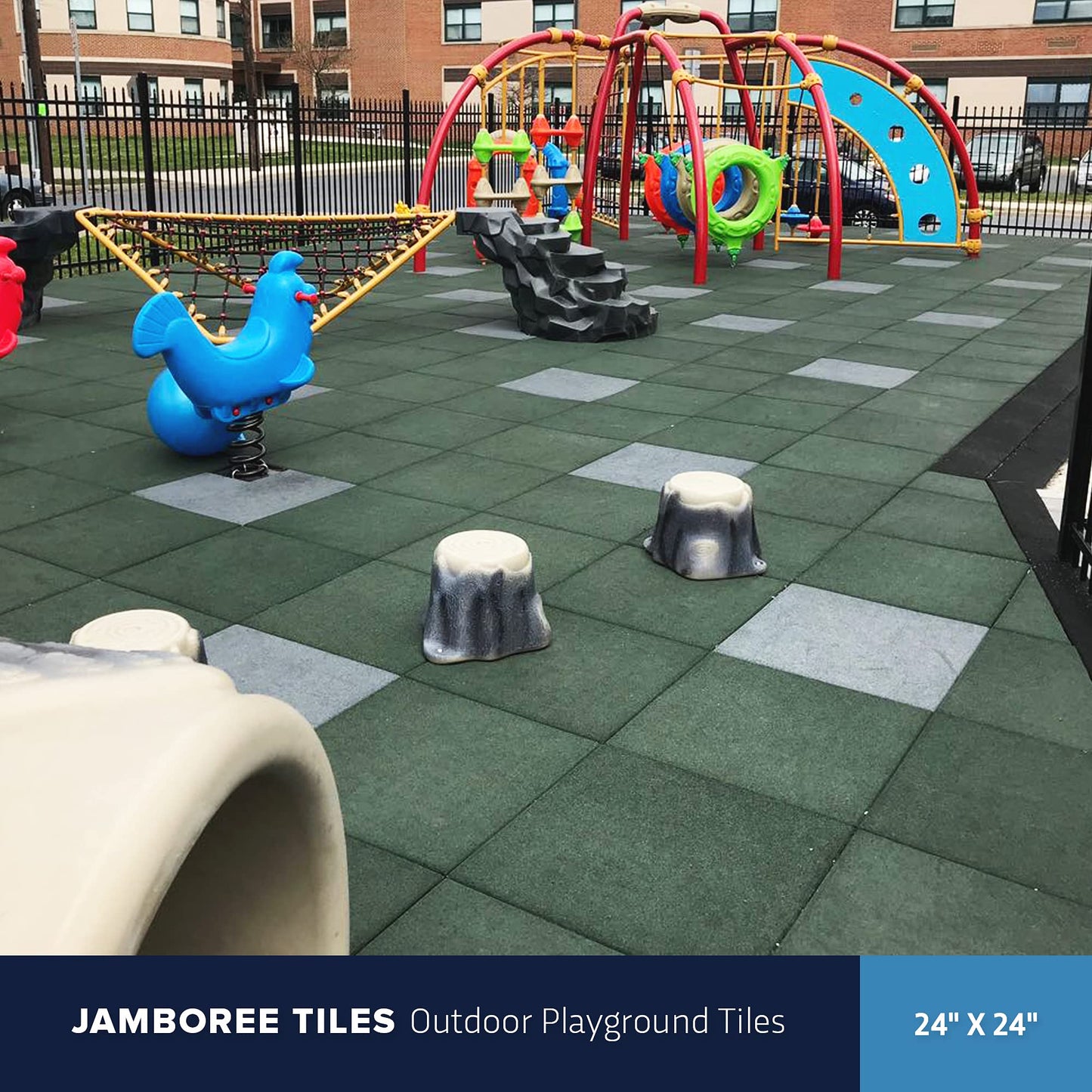 IncStores 2.5 Inch Thick Jamboree Rubber Interlocking Floor 2' x 2' Tiles | Heavy Duty Rubber Outdoor Tiles to Build Better Playgrounds at Homes, Schools, and Daycares | Green, 75 Tiles