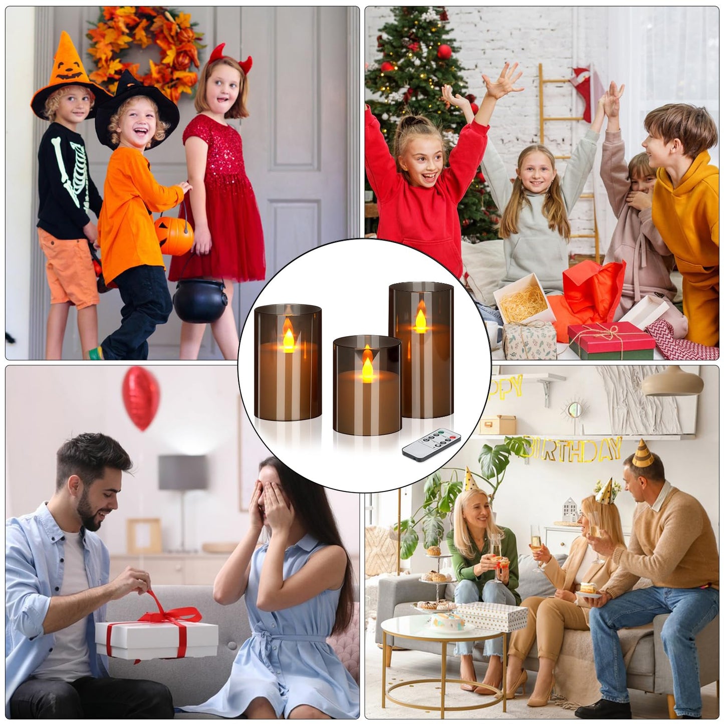 wemarry Flameless Candles 4" 5" 6" Acrylic Glass Pillars 3" Diameter Battery Operated Flickering Candles Include 8-Key Remote with Timer Function 400+ Hours (Gray, Warm Light 3 Pack)