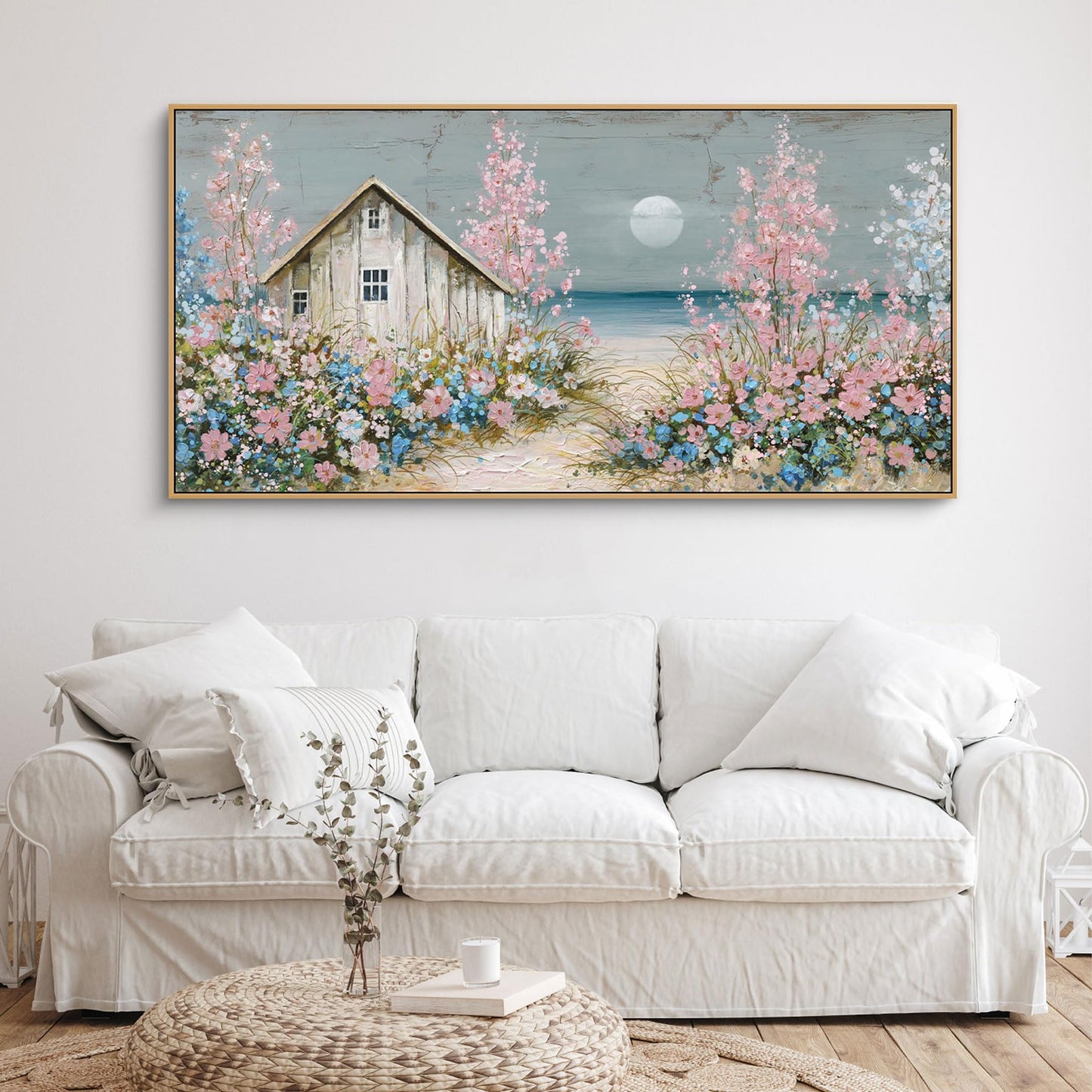 yiijeah Beach Wall Art Large Landscape Canvas Coastal Pink Picture Horizontal Artwork for Walls Ocean Prints Big Paintings Living Room Bedroom Office Home Decor 48x24 Inches