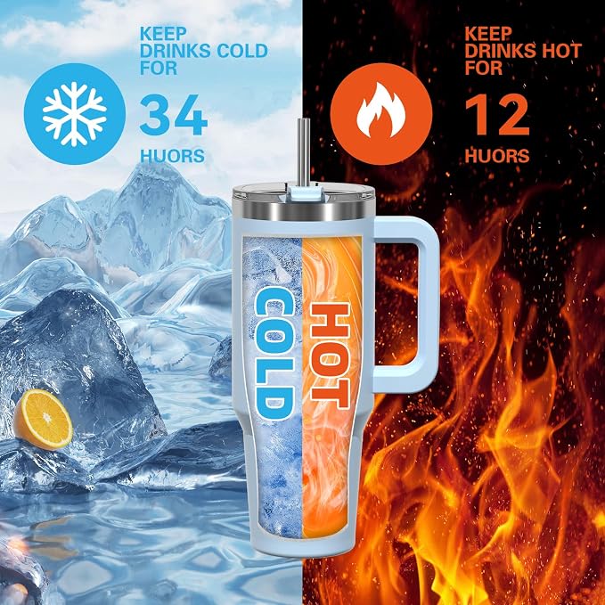 40 oz Tumbler with Handle,Tumbler with Lid and Straw,Double Wall Insulated Cup Stainless Steel Travel Mug(Cold for 34 Hours),Water Bottle for Iced Tea,Coffee,Cold Beverages(Blue)