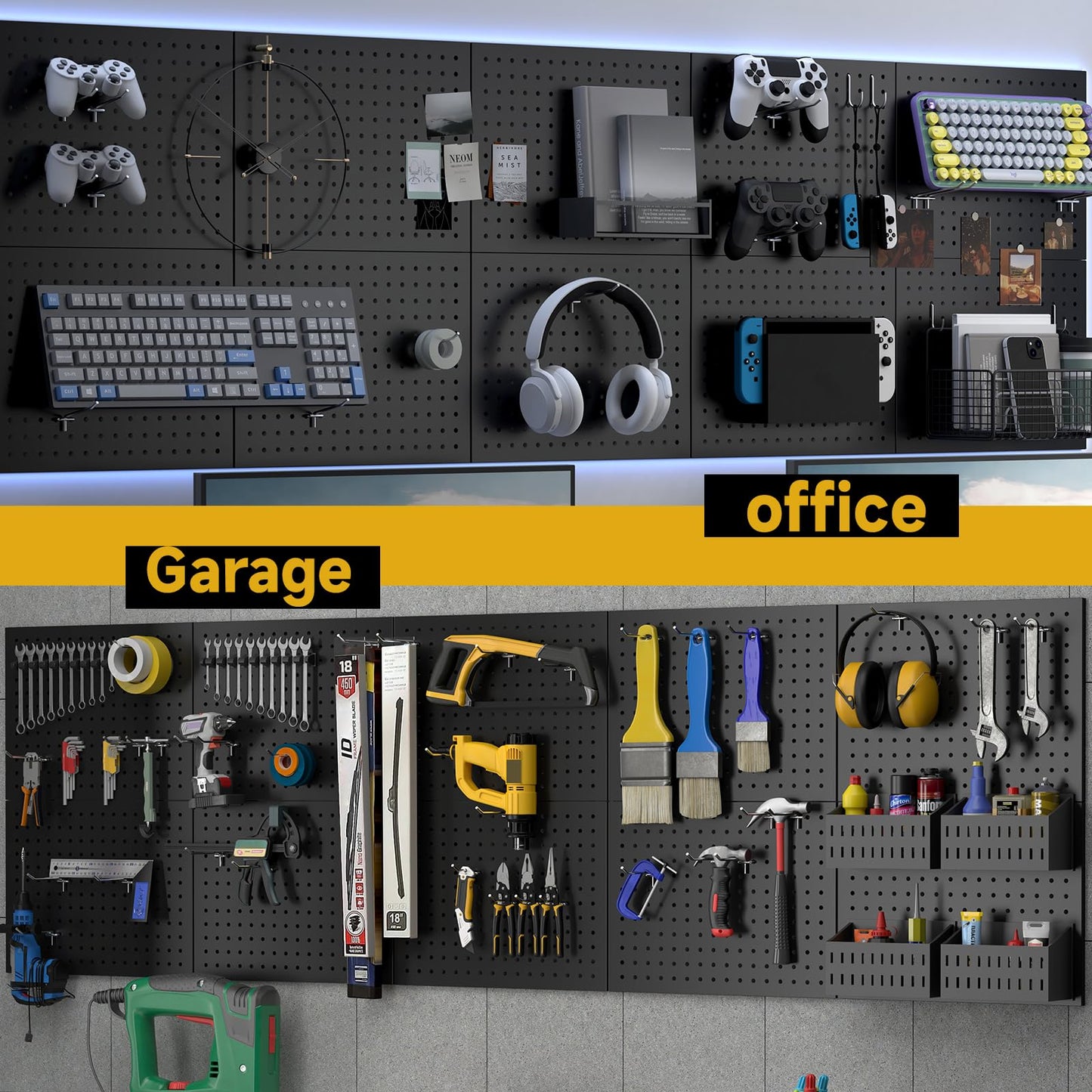 GEDELITE 74PCS Pegboard Wall Organizer, 4 Pack Metal Pegboard Panels with 70 Hooks, 32" x 24" or 64" x 12" Black Peg Board for Walls, Garage, Craft Room, Cold-Rolled Steel