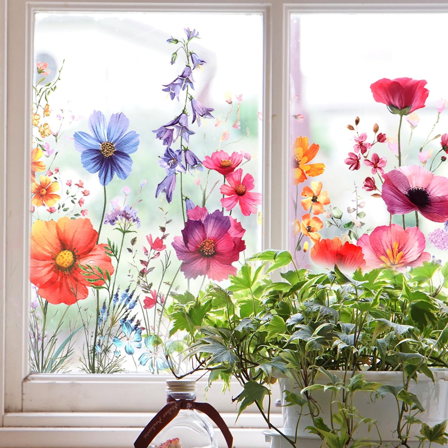 DOPENSPI Flower Window Sticker, Double Sided Wildflower Grass Wall Decals Flower Windows Clings for Glass Windows Cut Freely Floral Window Stickers for Home Office Decor