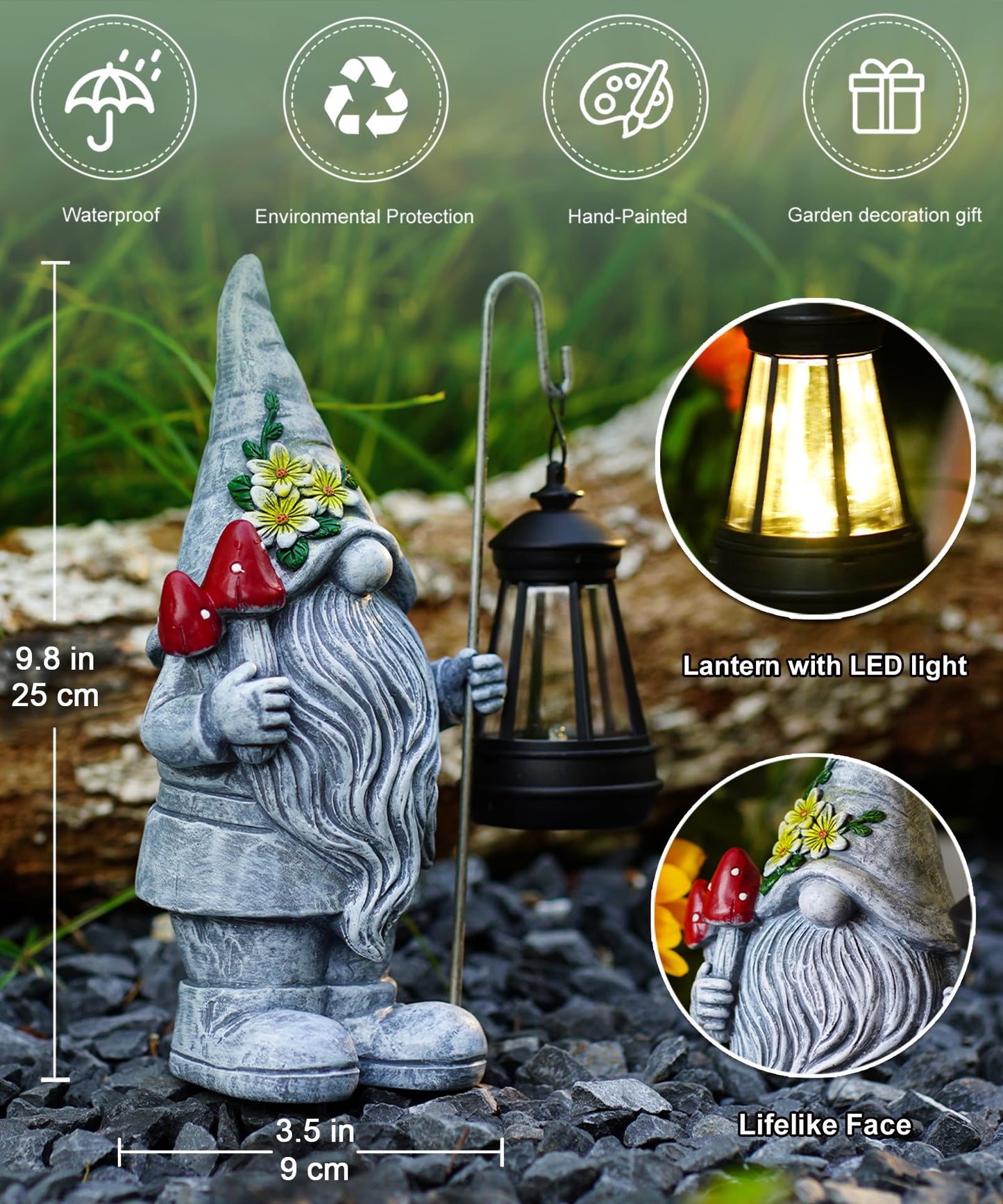 Acgarten Garden Gnome with Solar Lantern: Outdoor Statue Decorations for Home Yard Lawn Balcony Patio Porch - Mothers Day Gifts for Mom Women Grandma