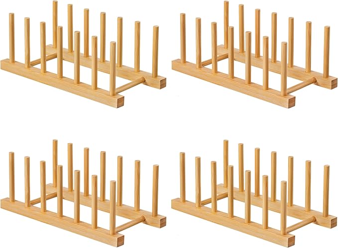 HBlife 4pcs Bamboo Dish Plate Bowl Cup Book Pot Lid Cutting Board Drying Rack Stand Drainer Storage Holder Organizer Kitchen Cabinet（Keep Dry）