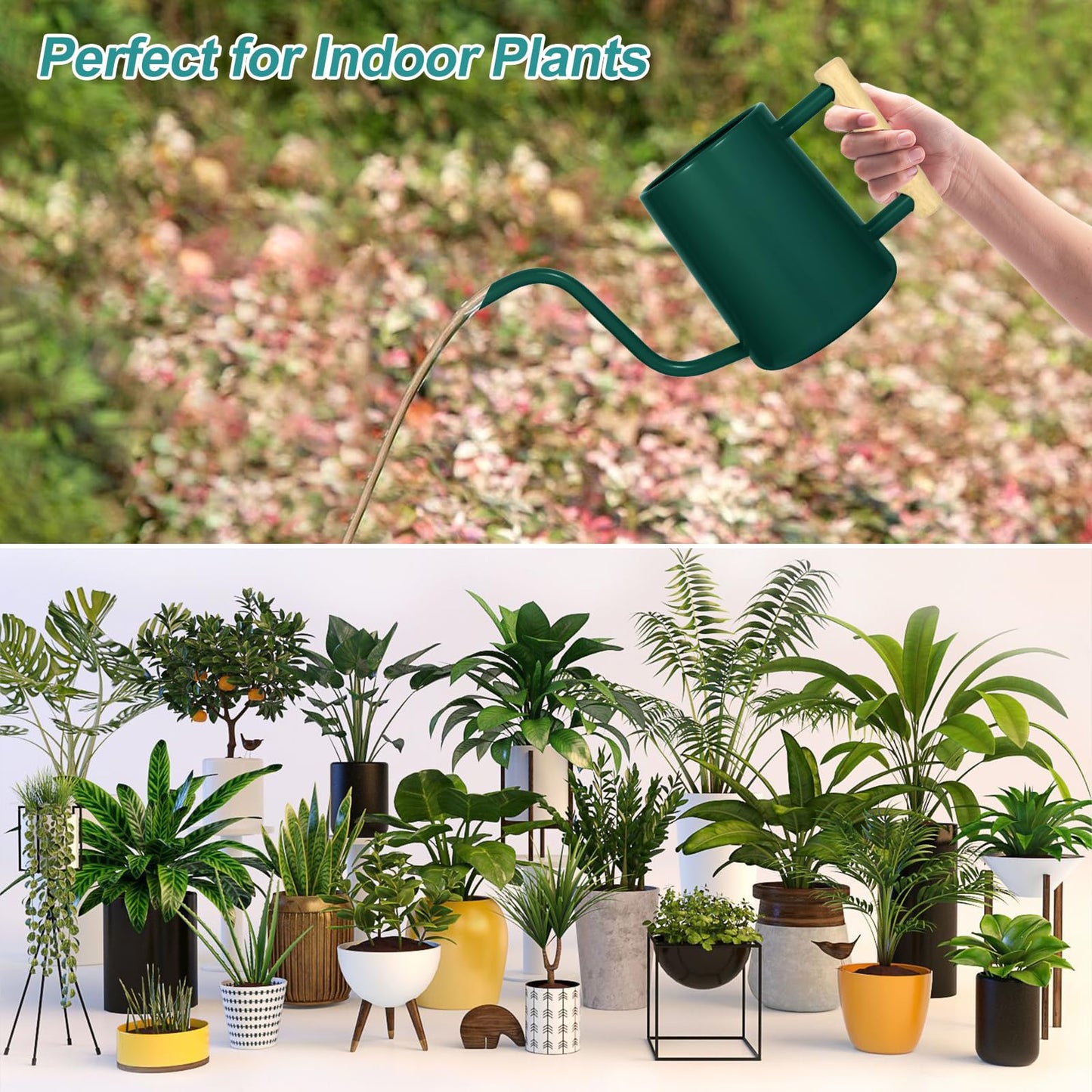 Watering Can Indoor Plants, 35 oz/1000 ml Metal Stainless Steel Watering Can Pot with Long Spout for Indoor House Plants Bonsai Outdoor Garden Flower Decorative (Alpinegreen)