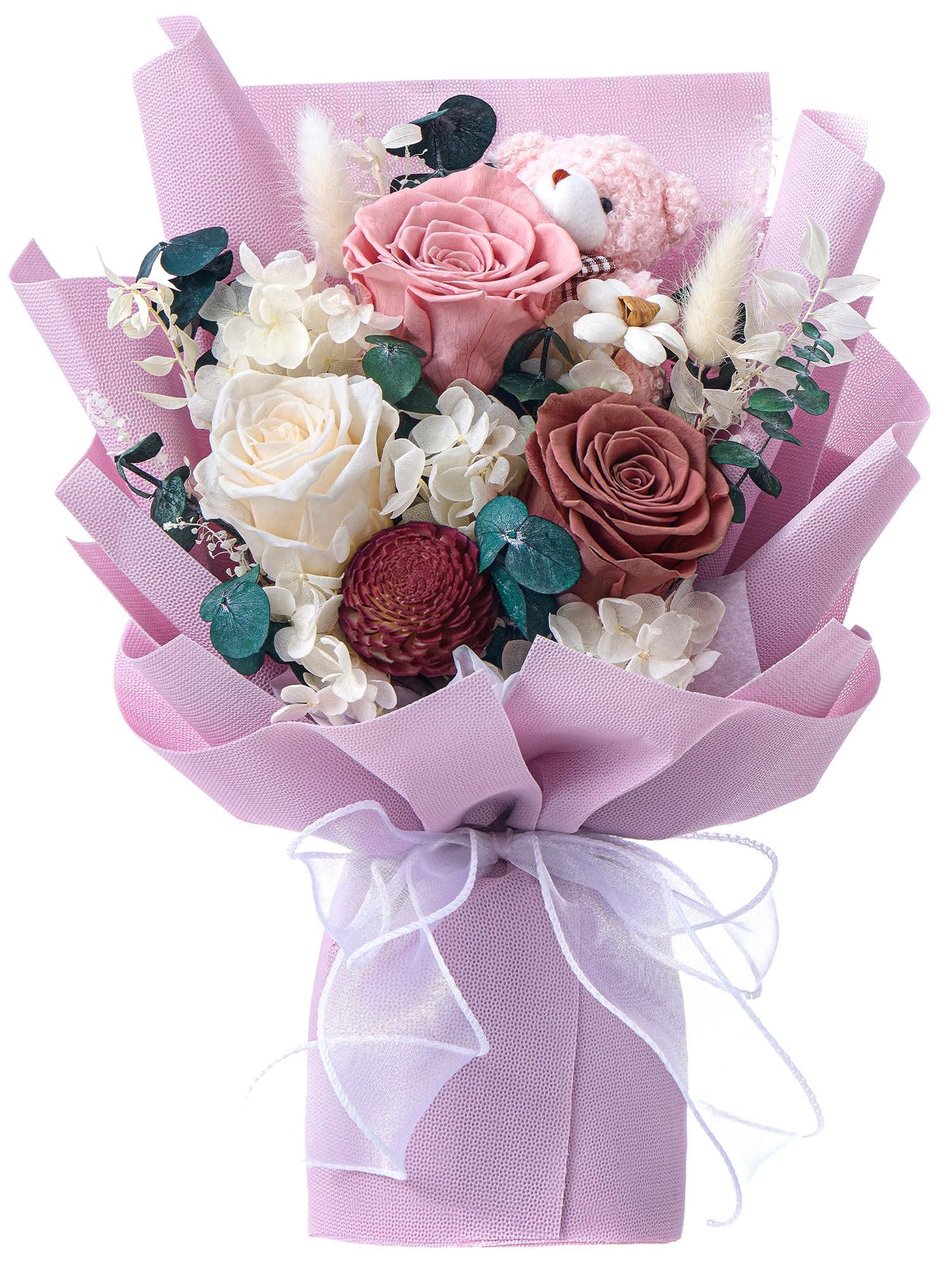 Polylove Forever Flower Bouquet Flowers for Delivery Prime Preserved Roses with Bear Gift Box for Wife Women Mother Day Anniversary Birthday (Purple)