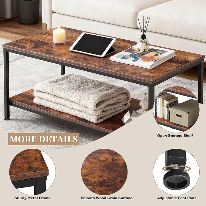 SUPER DEAL 2-Tier Coffee Table with Storage Shelf for Small Apartment Living Room, Rectangle Wood and Stable Metal TV Stand Side End Table, Rustic Brown