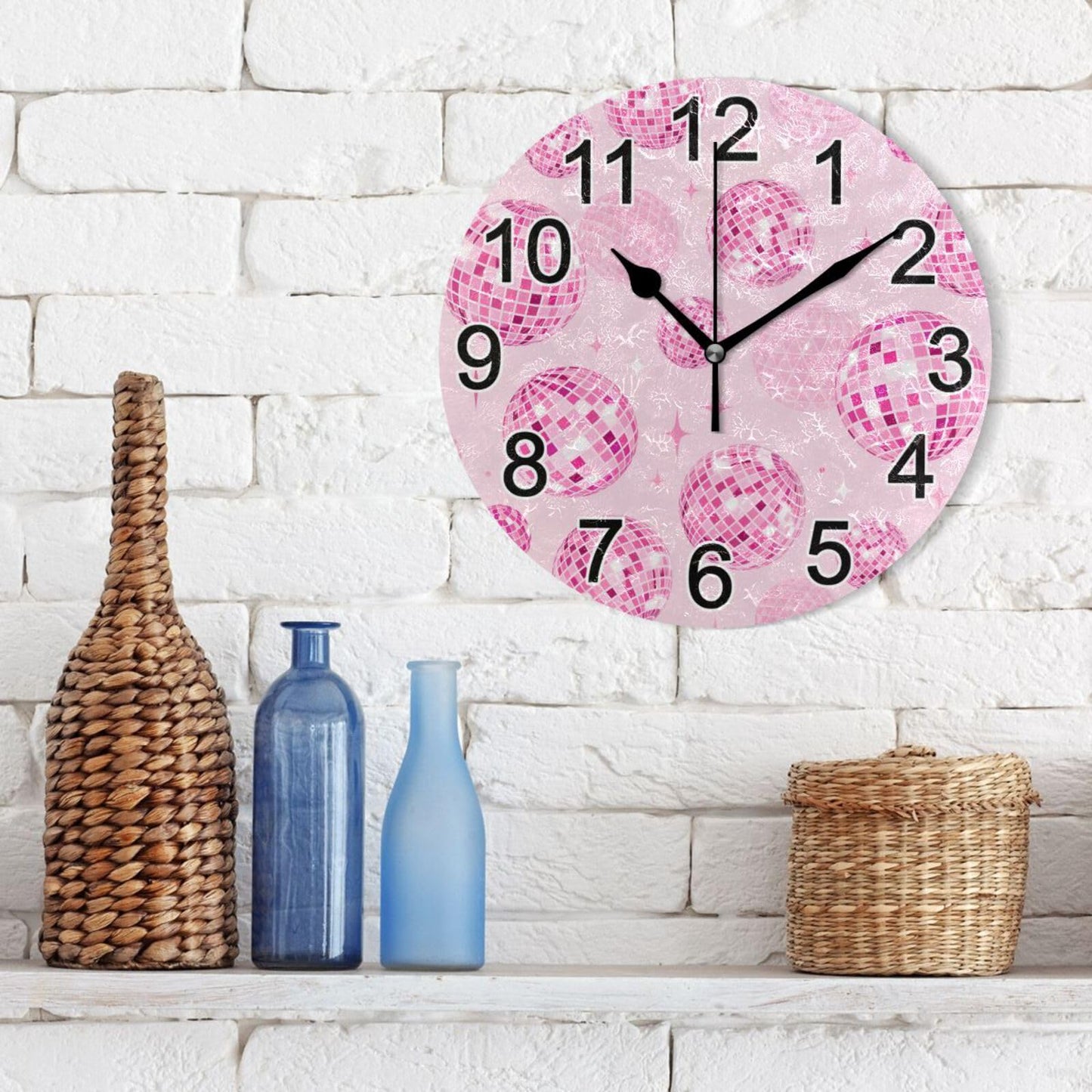 BOENLE Disco Balls Pink Wall Clock Non Ticking Silent Kitchen Clock Large Decorative Battery Operated Clocks 10 inch for Living Room Bedroom Decor