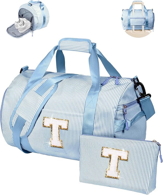 Fashionable Gifts for Teens Girl, Girl Gym Bag, Kids Initial Overnight Duffel Bags with Shoe Compartment, Personalized Travel Bag with Makeup Pouch, Gift for Niece Sister (Letter T)