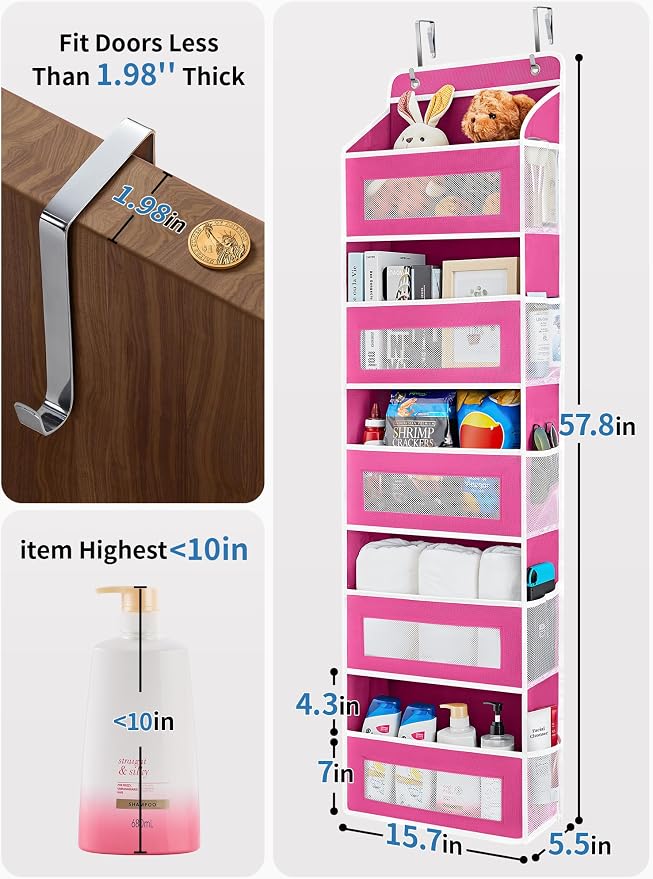 JARLINK Over The Door Organizer Storage, 5 Shelf Hanging Door Organizer with 5 Large Capacity Pockets, Anti Tilt 44 lb Load Behind Door Storage for Bedroom, Bathroom, Pantry, Nursery, Rose Pink