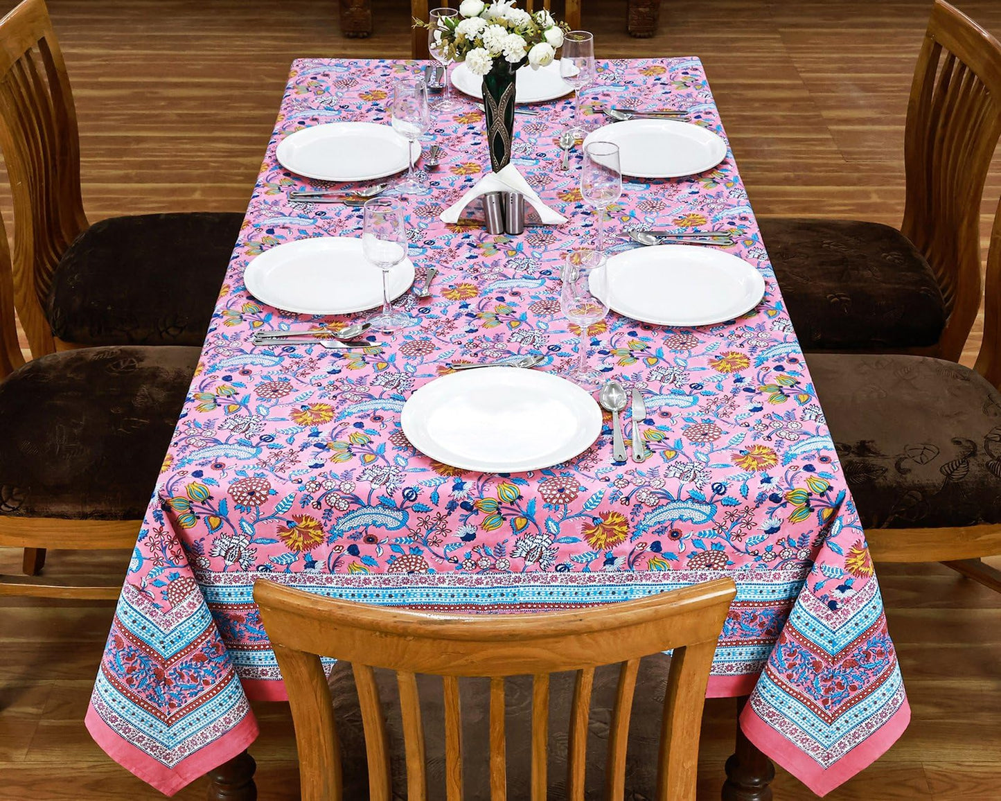 60x60 Inches Square Hand Block Printed Cotton Tablecloth, Pink Blue Floral Table Cloths Washable, Indian Table Linen for Valentine Thanksgiving Gifts Home Decor Dinning Outdoor