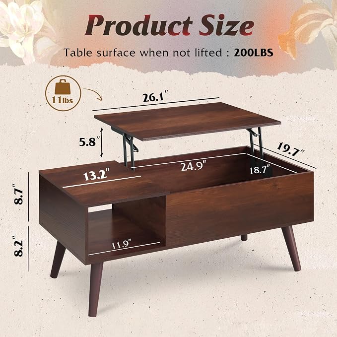 WLIVE Coffee Table for Living Room, Lift Top Coffee Table with Storage, Small Rising Wooden Dining Center Table with Storage Shelf & Hidden Compartment, 39" Espresso