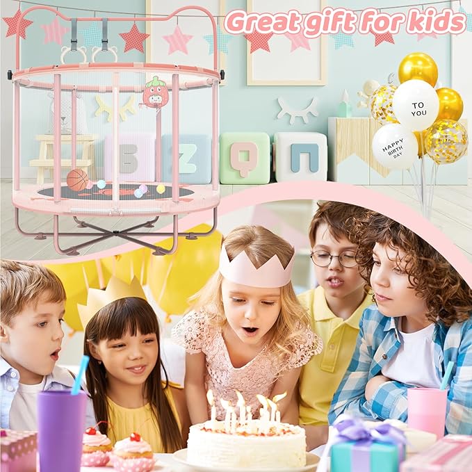 Gardenature 60" Kids Trampoline Indoor, 5ft Toddler Mini Trampoline with Basketball Hoop, Gymnastics Bar, Rings, Christmas Toys Birthday Gifts for Girls Boys Age 3-8