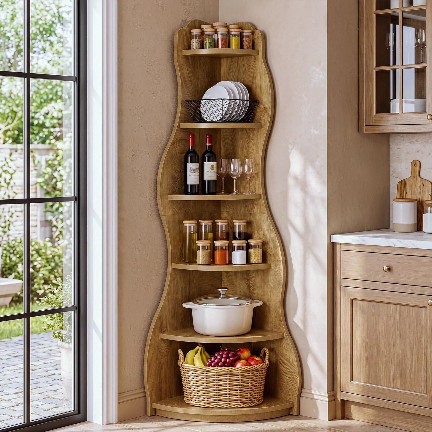 Tribesigns Modern Wavy Corner Shelf, 68.9-Inch 6-Tier Wall Corner Display Bookshelf, Unique Tall Bookcase Storage Rack Plant Stand for Small Space, Living Room, Home Office, Bedroom, Rustic