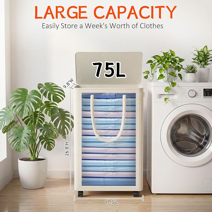 Slim Laundry Hamper with Wheels,20 Gal (75L) Rolling Laundry Basket with lid and wheels Clothes Hamper Foldable Tall Dirty Clothes Basket Sturdy Collapsible Clothes Hamper for Dorm,Laundry Room