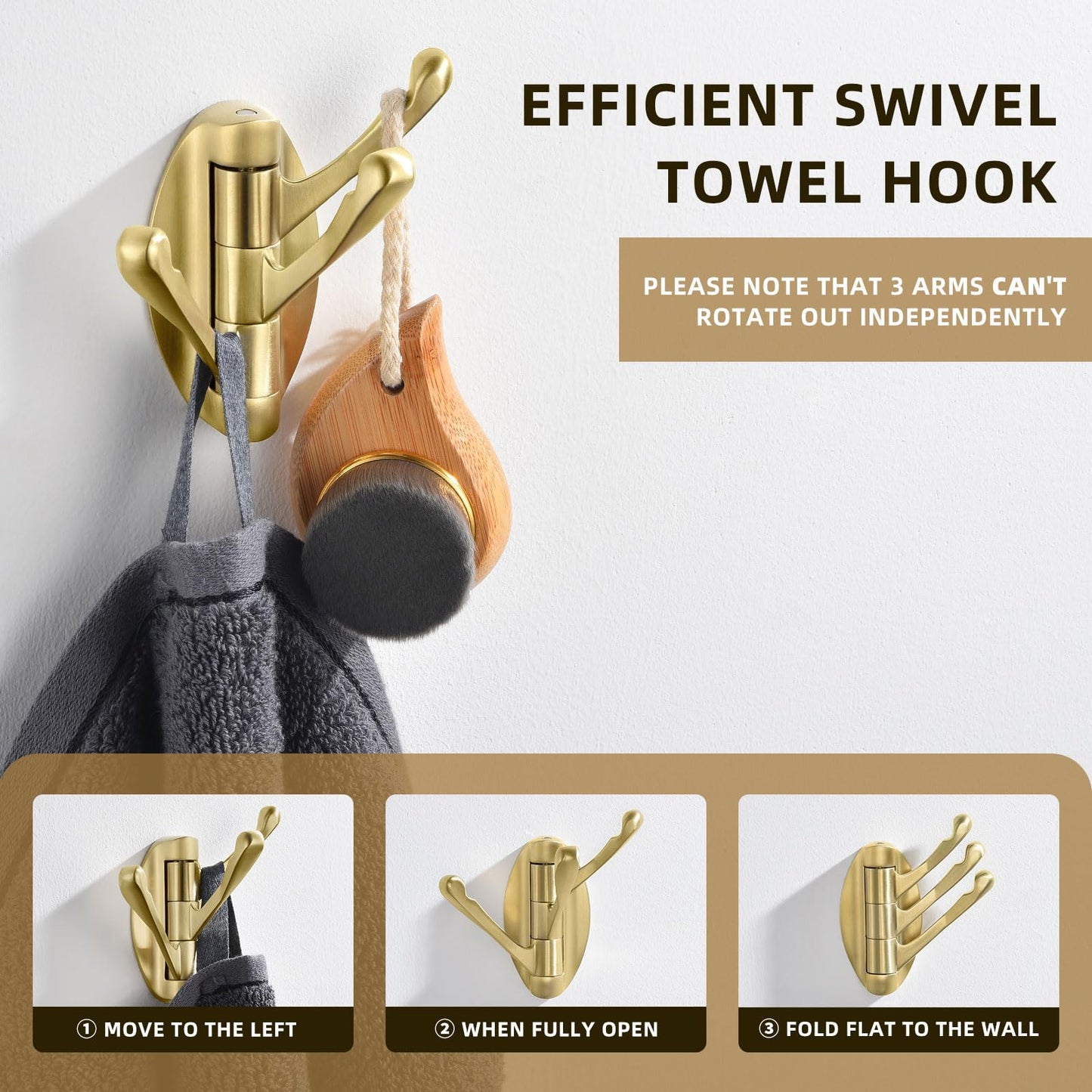 Angle Simple Swivel Towel Hook Brushed Gold 2 PCS, Metal Folding Bathroom Hook, Bath Towel Holder, Heavy Duty Robe Clothes Hanger for Bathroom RV Wall Mount