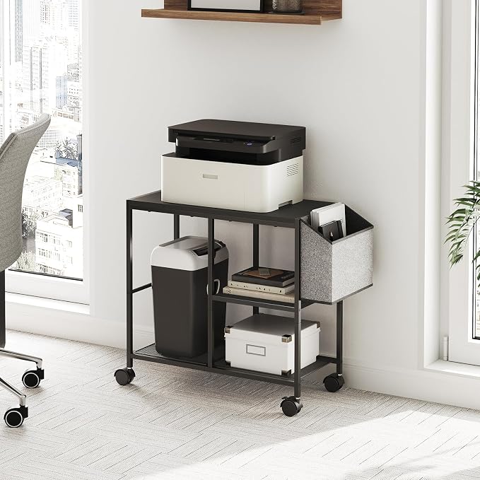 MAHANCRIS Printer Stand with Storage Bag, 3-Tier Mobile Under Desk Printer Cart with Wheels, Wooden Rolling Printer Table, Organizer Shelf for Study, Office, Living Room, Black PTHB2201