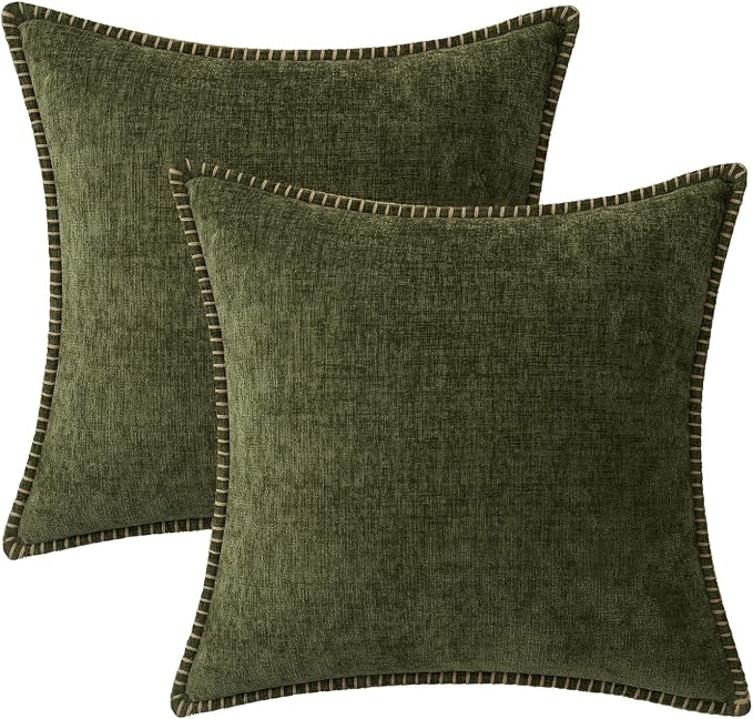 MIULEE Pack of 2 Couch Throw Pillow Covers 16x16 Inch Olive Green Farmhouse Decorative Pillow Covers with Stitched Edge Soft Chenille Solid Dyed Pillow Covers for Sofa Bed Living Room