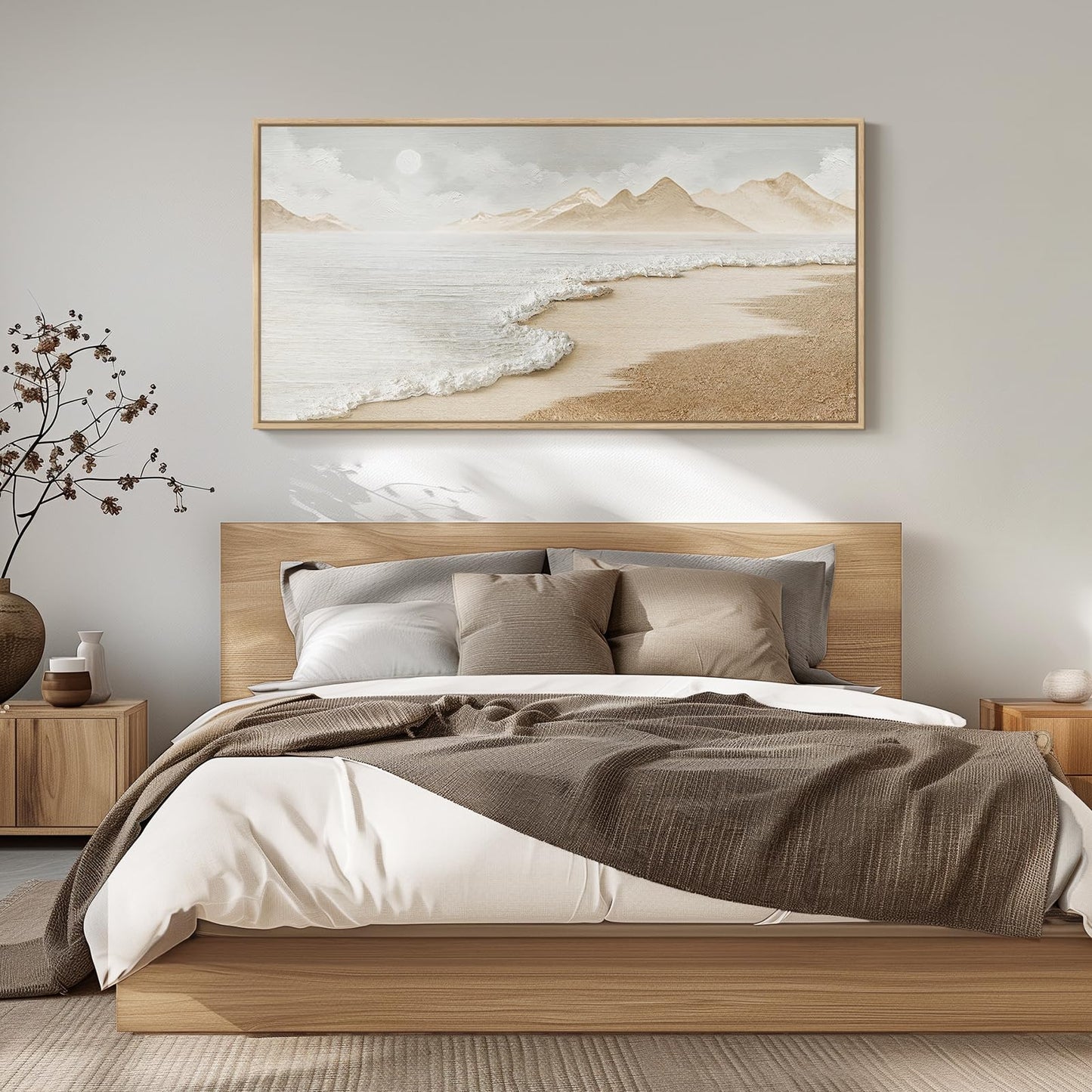 Framed Boho Coastal Beach Wall Art for Living Room, Extra Large Neutral Ocean Canvas Artworks for Walls, Horizontal Abstract Minimalist Coastal Art Print for Bedroom Kitchen Office Walls, 30x60 Inch
