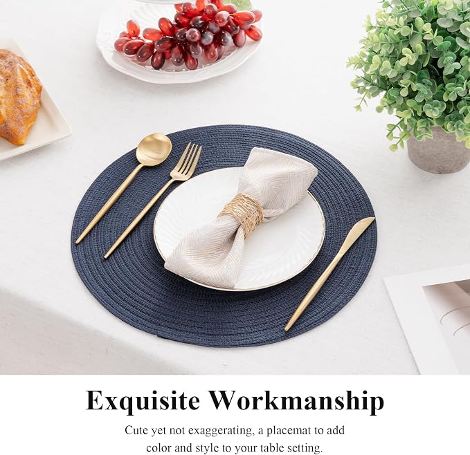 SHACOS Round Placemats Set of 6 Washable 15 inch Circle Polyester Woven Braided Place Mats for Dining Table Indoor Outdoor Table Mats Home Party Wedding Decor (Navy, 6)