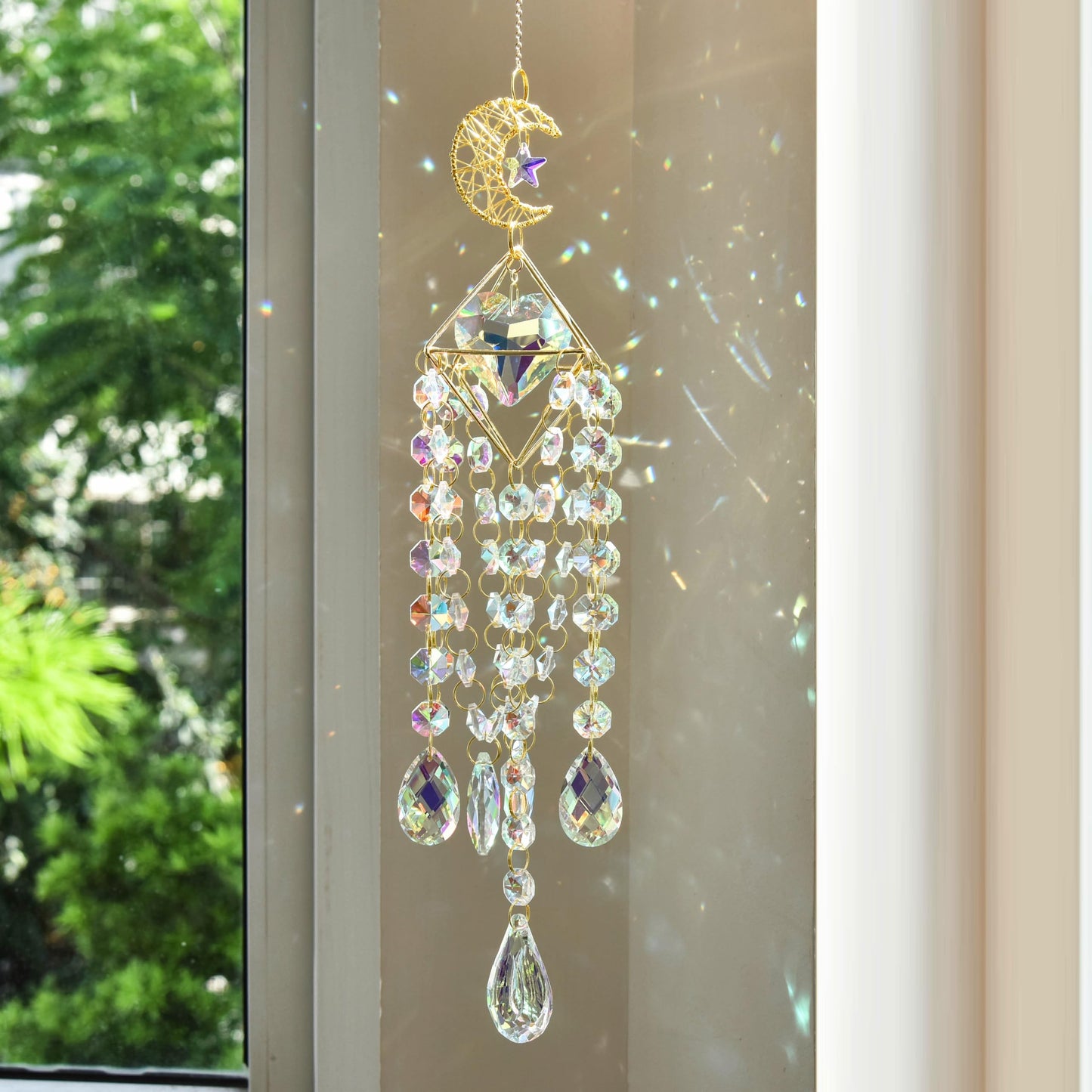 Moon Star Crystal Suncatcher Hanging Ornament - Rainbow Maker Prism Pendant for Window, Home, Garden, Wedding Decor, Ideal Gift for Mom, Women, Girls