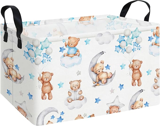 Rectangular Cute Bear Pattern Storage Bin, Decorative Canvas Laundry Basket with Dual Handles, Foldable Toy & Household Organizer, Multipurpose Party Gift Basket for Home Bedroom Dorm
