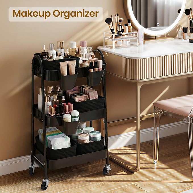 3-Tier Rolling Utility Cart with 4 Woven Baskets, Diaper Book Snack Cart, Storage Organizer for Nursery, Kitchen, Craft Room, Home SPA, Living Room, Metal Frame Trolley on Lockable Wheels, Black