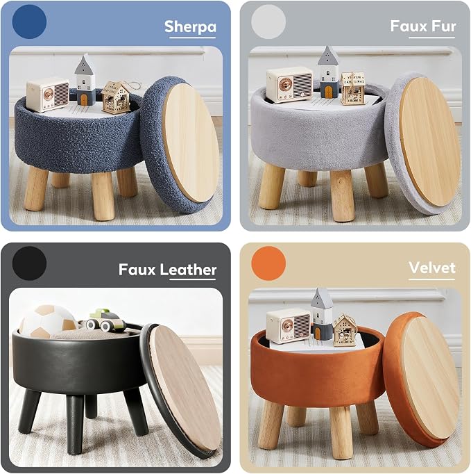 Small Foot Stool Ottoman with Storage, Velvet Ottoman Foot Rest for Couch, Round Footstool with Storage, Small Ottomans and Footstools for Living Room and Entryway (Orange)