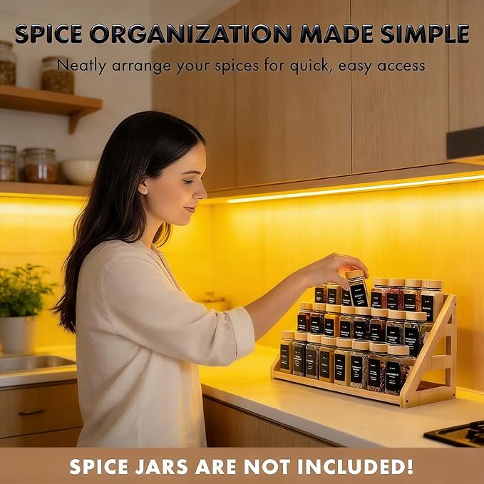 Spice Rack, Spice Organizer -3 Tier Bamboo Spice Racks, Solution for Spice Storage in Kitchens, Countertops，Storage Rooms and Other Places