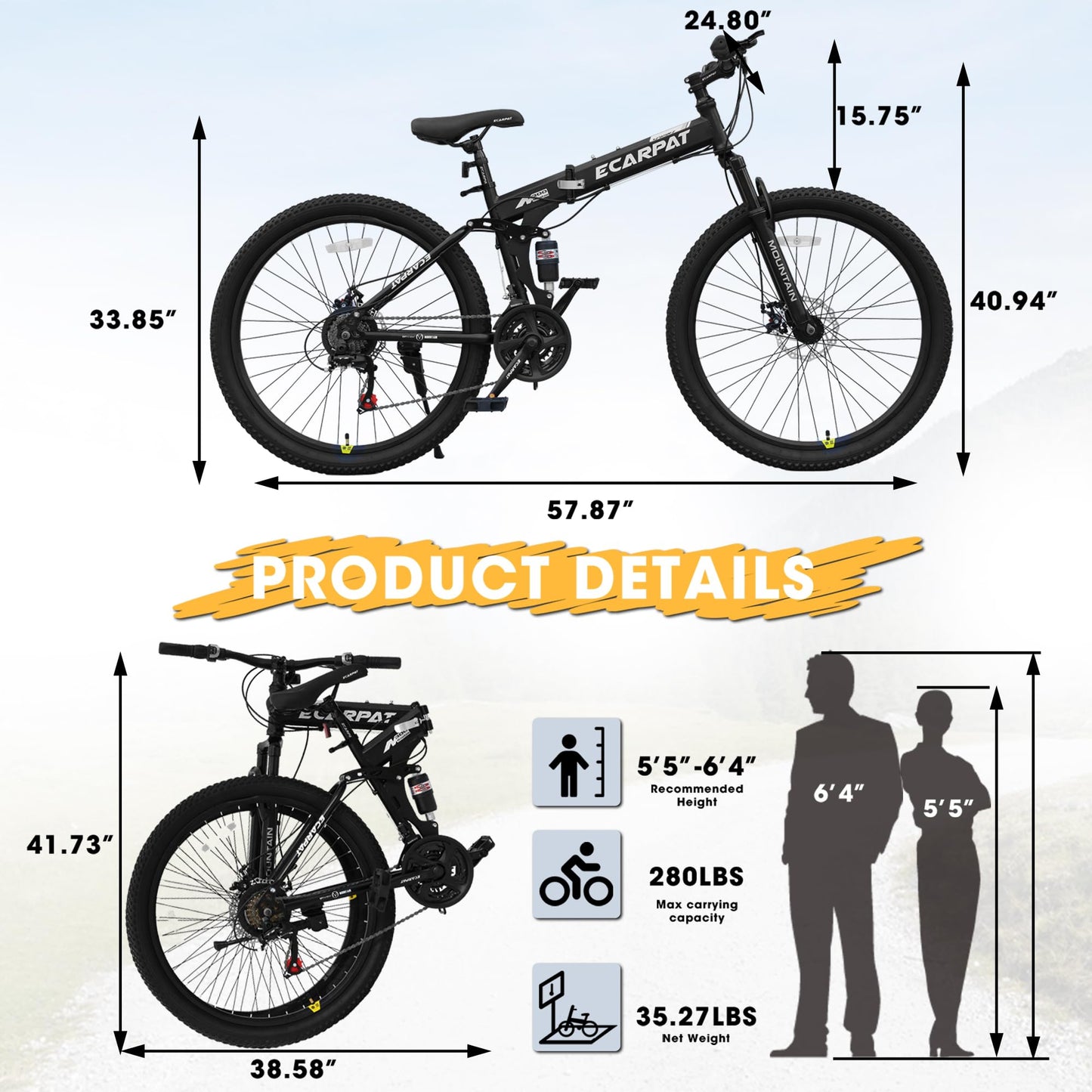 Ecarpat 26 Inch Folding Mountain Bike, 21 Speed Full Suspension High-Carbon Steel MTB, Dual Disc Brake Foldable Bicycle, Folding Bikes for Adults Men Women