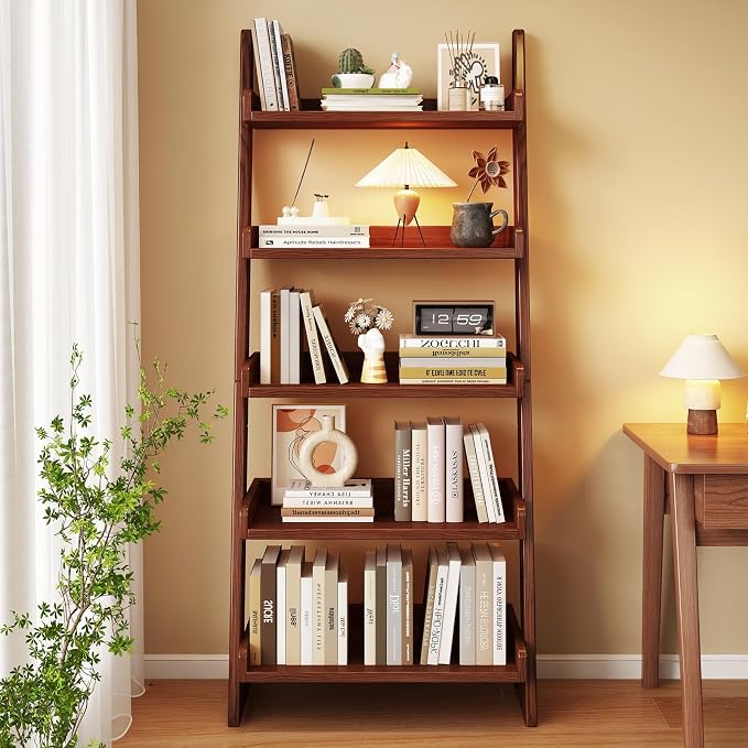 5 Tier Ladder Shelf, Leaning Bookshelf with Wood Frame, 5 Shelf Tall Bookcase Standing Storage Organizer Solid Wood Storage Shelves for Living Room, Bedroom, Home Office (Walnut)