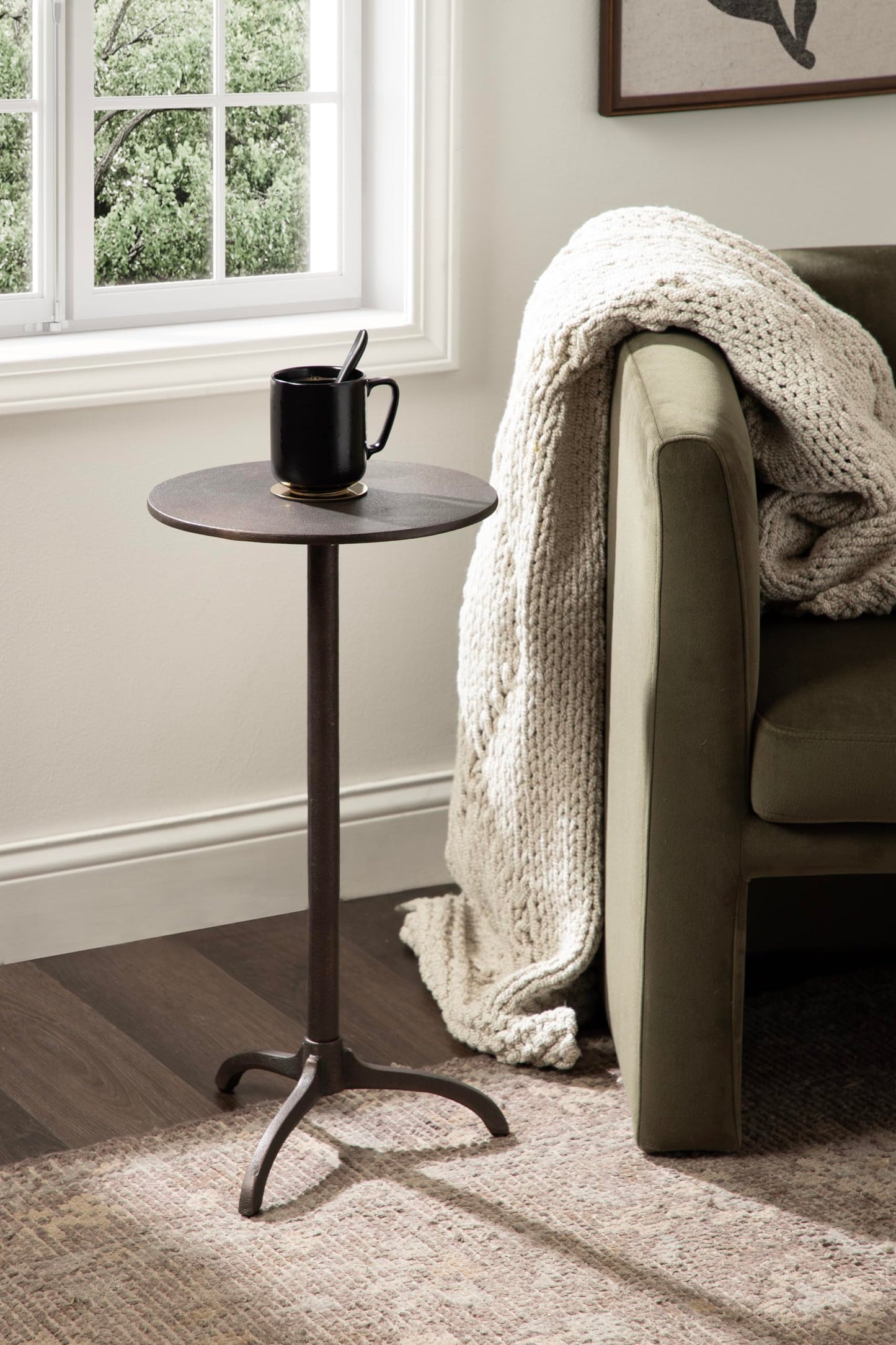 Kate and Laurel Henshall Mid-Century Metal Round Side Table, 12 x 12 x 24, Bronze, Sand Cast Aluminum Sculptural Indoor Plant Stand with Tripod Base for Use as End Table or Bedroom Nightstand