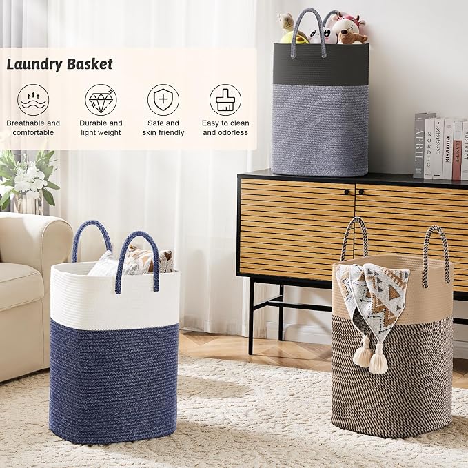Laundry Basket,Woven Cotton Rope Laundry Hamper,Versatile Storage for Dirty Clothes,Baby Toys,and Blankets in Bathroom, Nursery,and Living Room (Blue, 60L)