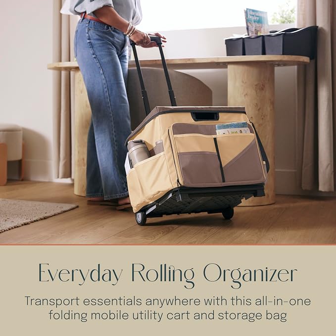 Mobile Folding Utility Cart with Canvas Storage Organizer Bag, Rolling Cart, Chocolate/Sand