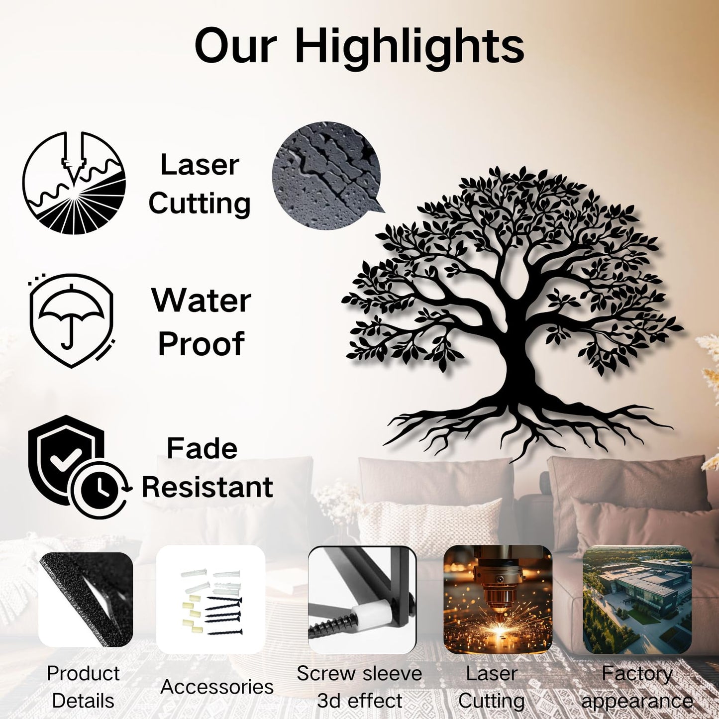 VTHTA Large Tree of Life Metal Wall Art,Tree Wall Sign for Living Room Bedroom Indoor Outdoor Garden Home Decoration (Black, 28" Wx24 H/70x61cm, Metal Wall Art)