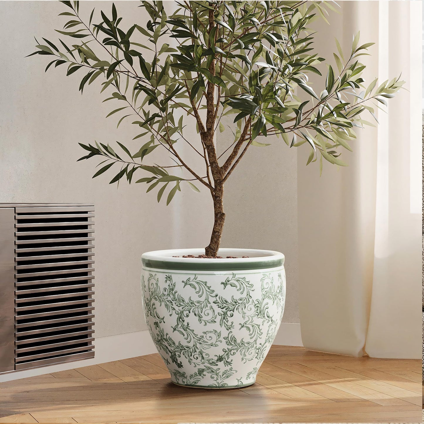 LuxenHome 11.4" Dia Round Ceramic Plant Pots with Floral Pattern, Green and White Large planters for Indoor Outdoor Plants with Drainage Hole, Decorative Flower Pot for Home Garden Patio