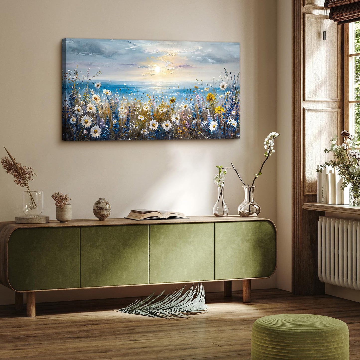 crmotu Coastal Daisy Flower Wall Art, Seaside Sunset Landscape Large Artwork, Beach Wildflower Rustic Pictures Canvas Prints, Seascape Blue Paintings Wall Decor Living Room Bedroom Kitchen 20X40 In