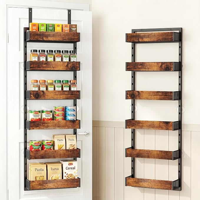 6-Tier Over the Door Pantry Organizer, 2-in-1 Door Hanging or Wall Mounted Spice Rack, Space Saving Metal Storage Shelves with Adjustable Baskets for Kitchen, Closet, Bathroom
