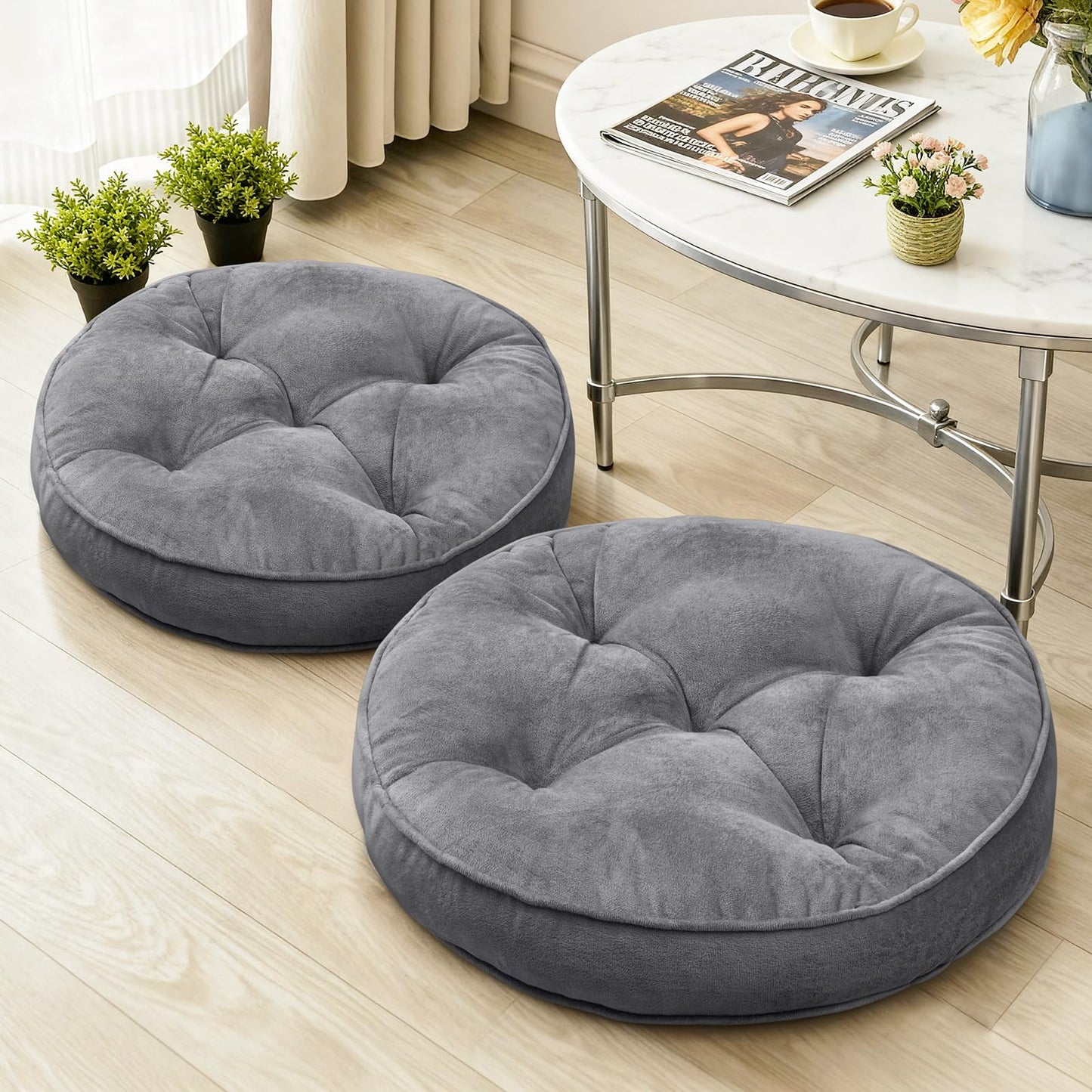 1 MIDDLE ONE Floor Pillow Set of 2, Memory Foam Meditation Cushion, Floor Cushions for Adults Sitting, Large Round Seat Cushions for Yoga, Living Room, 20x20 Inch (Round | Grey)