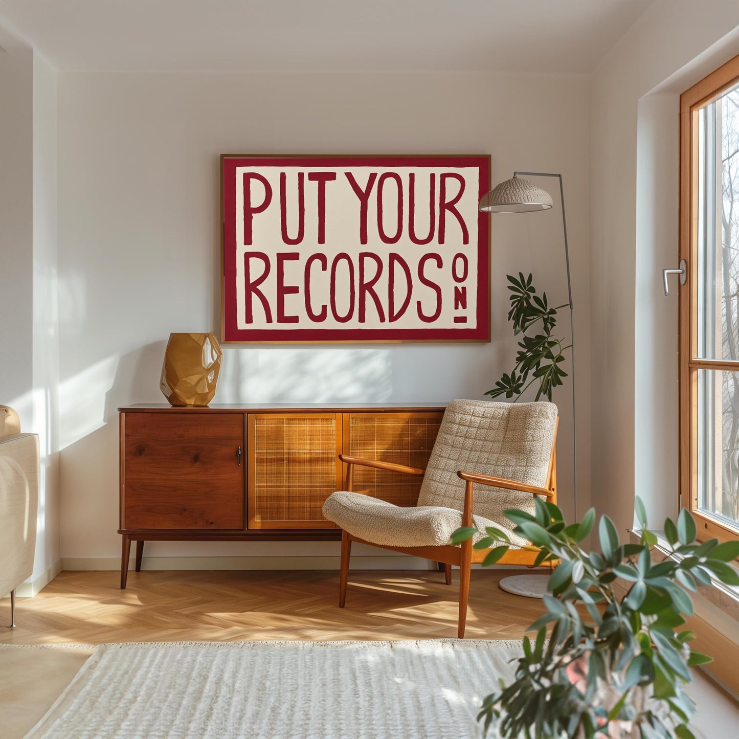 Retro Wall Art Print,Put Your Records On Poster, Mid Century Modern Wall Art,Red Put Your Records Hand Painted Print,Funky Retro Home Decor for Living Room,Bedroom or Music Room12x16 Inch Unframed